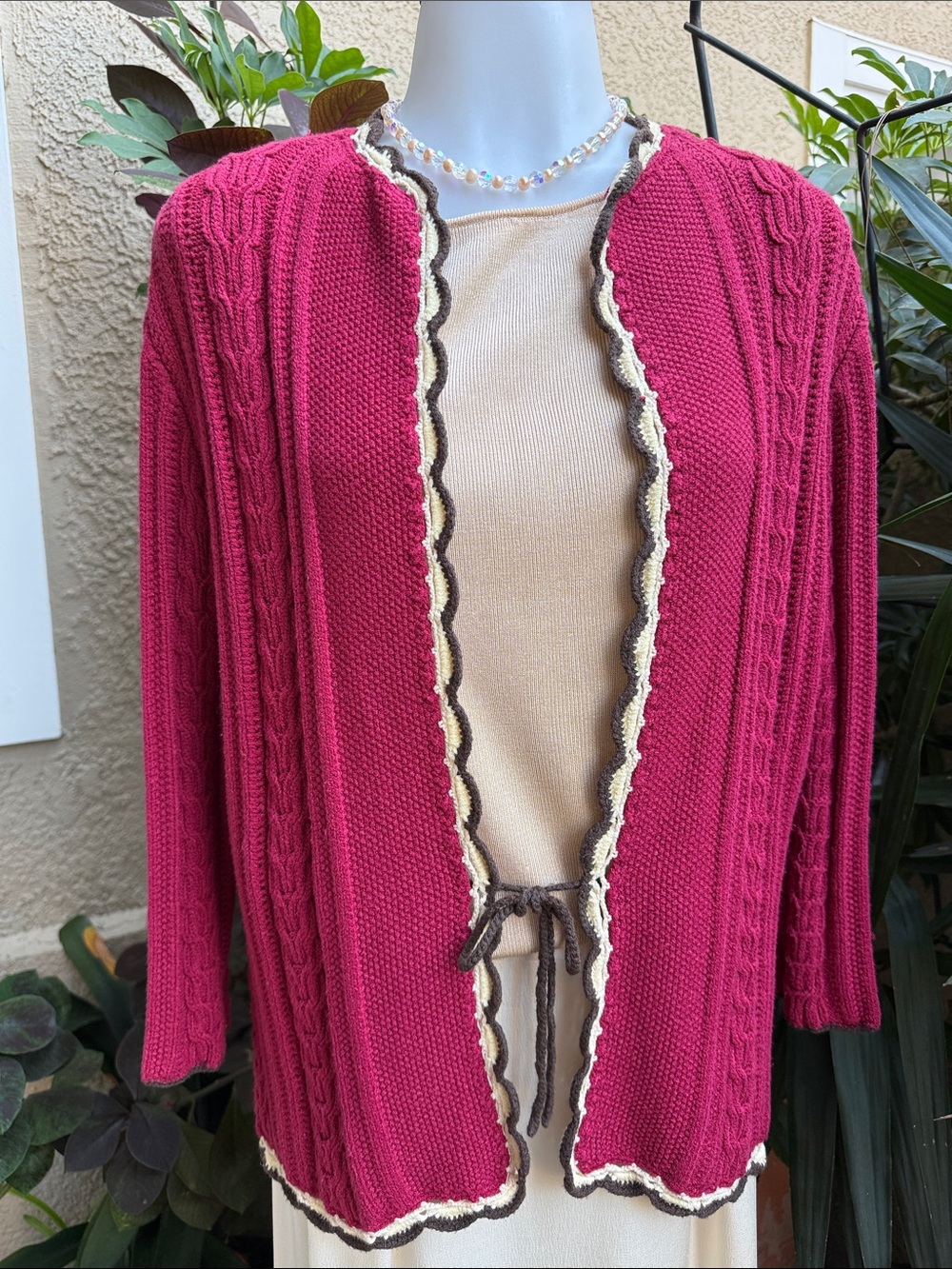 Vintage fuchsia Anne Klein knitted rayon open front cardigan